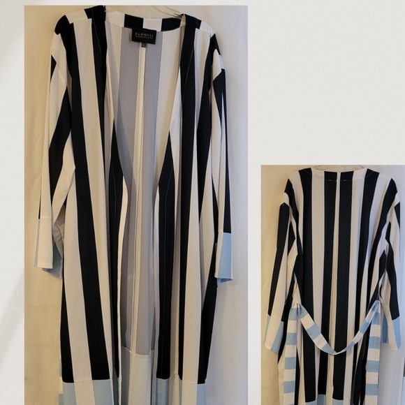 Eloquii Sweaters - Eloquii Navy and White Striped Duster with Light Blue Accents
